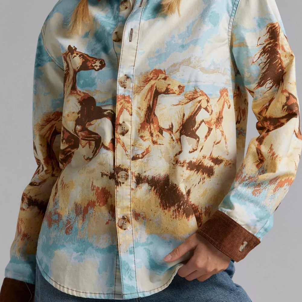Wild Horse Print Button-Down Shirt in Blue and Brown
